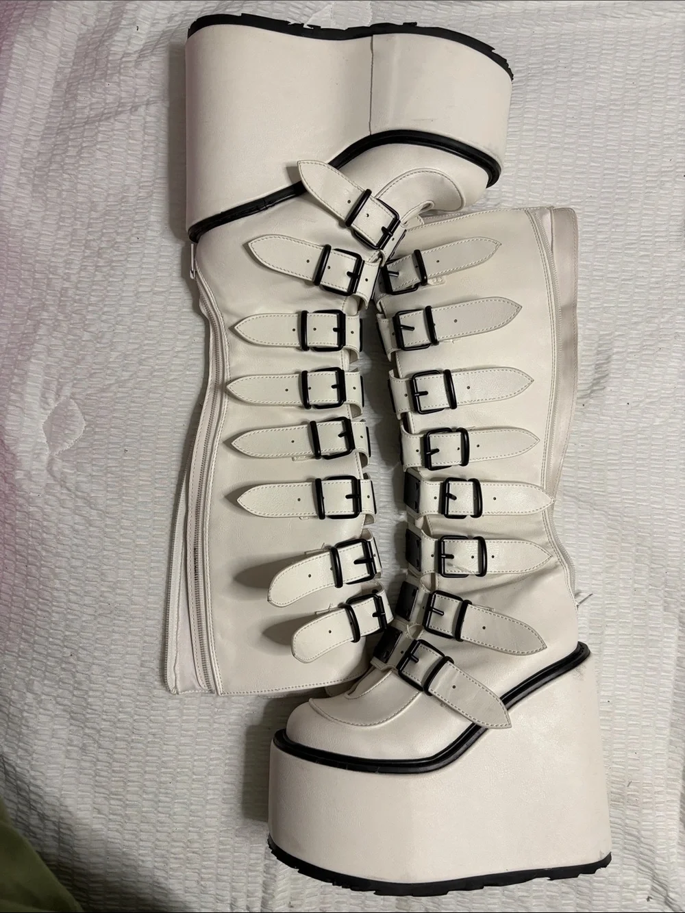 Demonia White Knee-High Platform Buckle Boots size 6 Goth